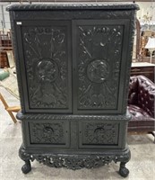 Antique Gothic Jacobean Painted Linen Press