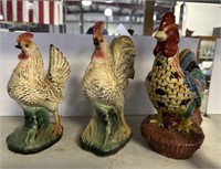 Pair of Vintage Porcelain Roosters and Odd Rooster
