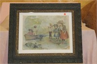 Antique Print in Antique Frame: Children by Creek