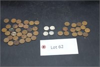 Unsorted Wheat Pennies, (4) 90% Silver Dimes