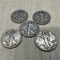 Five 1940s Walking Liberty Half Dollars