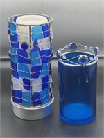 Pair of blue glass candle holders