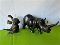 Hand Carved Wood Rhinoceros + Brass Monkey ++