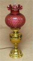 Cranberry Quilted Glass Electrified Oil Lamp.