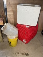 Several red plastic totes, and containers