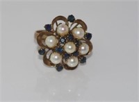 Yellow gold, pearl and sapphire ring marked 14K