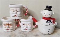 Vintage Santa Head Cups And Snowman