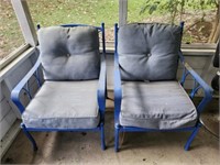 Pair of Blue Metal Outdoor Chairs with Cushions