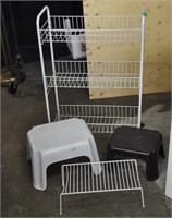 Metal shelving, plastic step stools