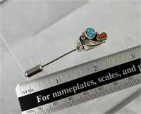 Turquoise and Coral Sterling Silver Stick Pin