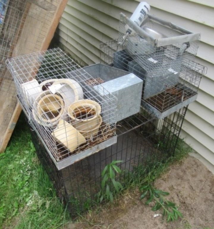 Group of various pet carriers and food and water