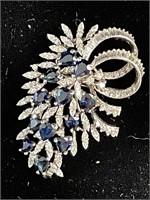 18K Gold Brooch Set with Diamonds & Sapphires
