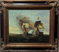 Original Oil Painting Battle at Sea