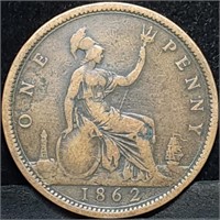 1862 UK Victoria One Penny Bronze Coin