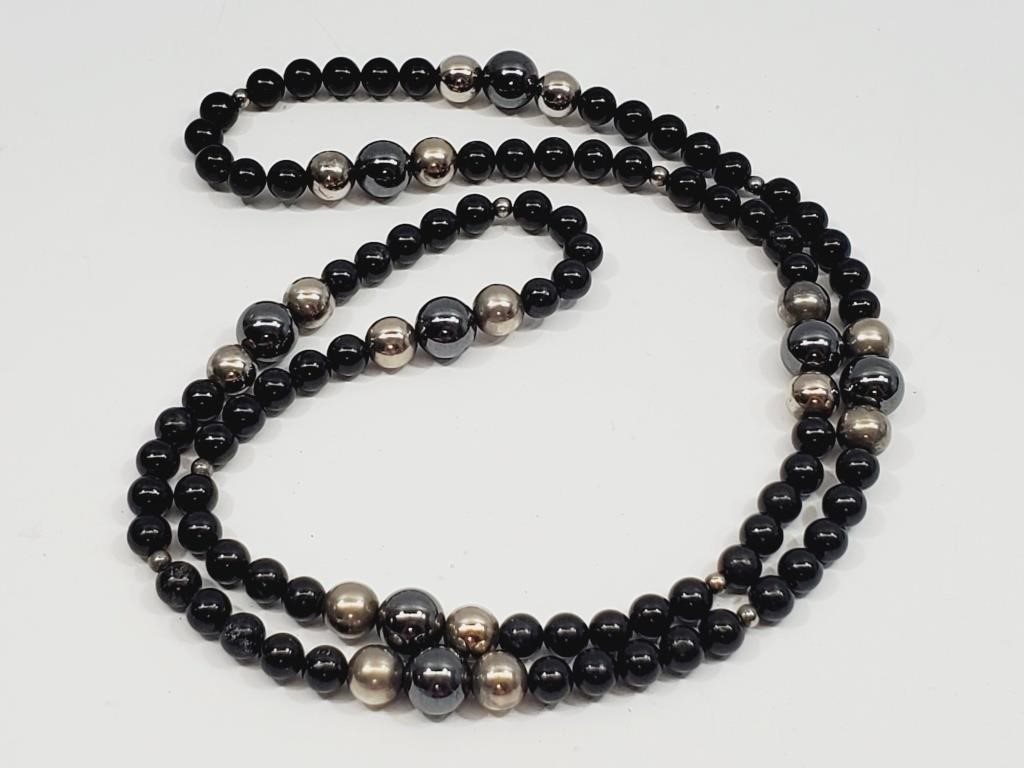 Black Onyx & Metal Beaded Necklace 34" Long