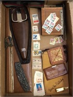 Stamps, vintage purses, mini paper cutter