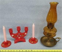 Red Wooden Candle Holders & Kerosene Lamp