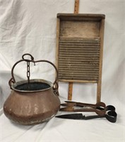 Vintage Copper Cauldron, Washboard, (2) Wool
