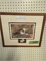 Framed print of bird with feather by Marion o