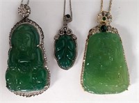 3 Antique Chinese Carved Green Stone Pendants