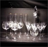 Decanter with five matching glasses, four