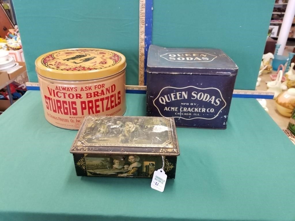 3 VINTAGE TINS INCL CRACKERS AND PRETZELS