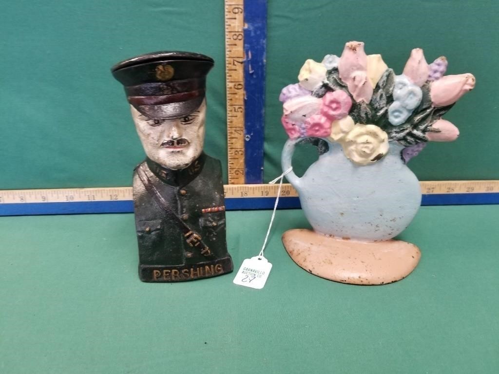 GEN PERSHING IRON BANK AND FLORAL DOOR STOP