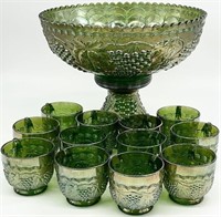 Imperial Green Carnival Glass Grape Punch Set