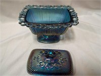 Indiana Blue Iridescent Carnival Glass Lace Edge