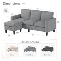 $295 - Sectional Sofa, 78" Long 3-Seat Sofa