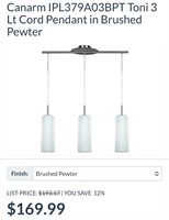 Canarm  Toni 3 Lt Cord Pendant in Brushed Pewter