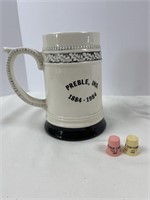 Preble, IN centennial beer stein and thimbles