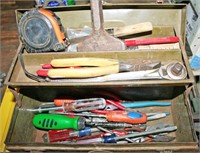 Metal Toolbox, Pliers, Screwdrivers, Chisel
