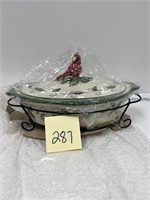 Cardinal Casserole Dish New w/ Holder & Plate