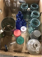 Blue canning jars, milk bottles