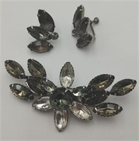 Vintage Crescent Pin of Smoky Stones w/Ear Clips