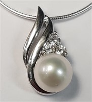 $160 Silver Fresh Water Pearl And Cz 16"  Necklace