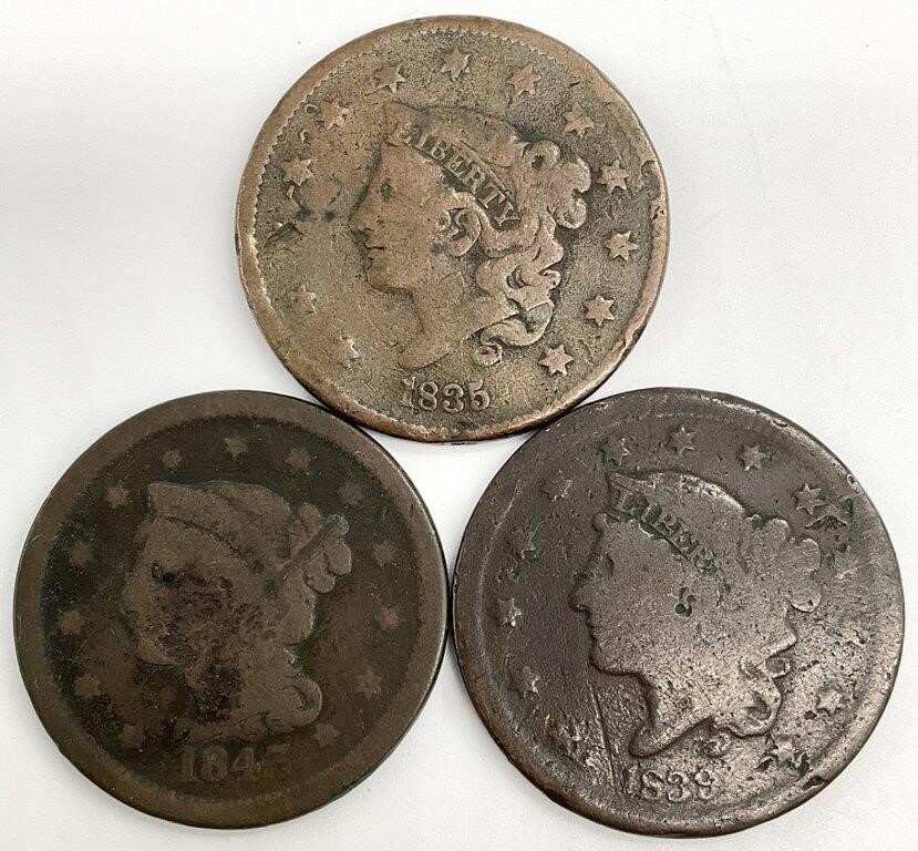 3 US Large Cents - 1835, 1839, 1843