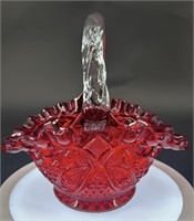 Vintage Ruby Basket W Applied Handle Uv Reactive