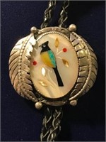 NATIVE STERLING SIGNED BOLO W/ BIRD INLAY