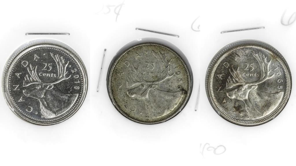 1965,68 & 2018 Elizabeth II Canadian Silver 25 ¢