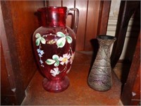 Ruby with Clear Handle Pitcher, Art Glass Vase