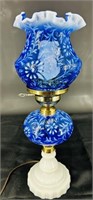 Fenton Pedestaled Blue Opal Daisy & Fern Lamp