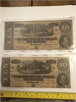 Pair of 1864 $10 confederate bills