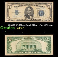 1934D $5 Blue Seal Silver Certificate Grades vf+