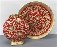 Platter & Vase -Red/Gold Asian Motif
