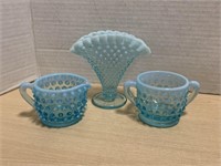 3 Small Pieces Blue Hobnb Cream, Sugar And Fan