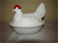Milk Glass Chicken Covered Dish 9" L