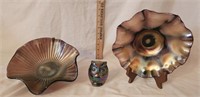 (2) Carnival Glass Amethyst Bowls, Owl Paperweight