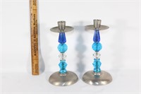 Decorative glass and metal candlestick holders